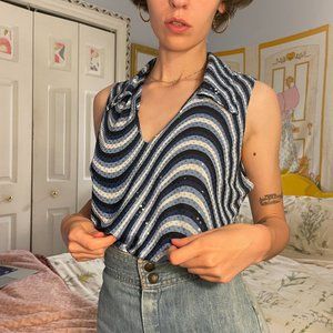 90s Psychedellic blue collared sleeveless blouse